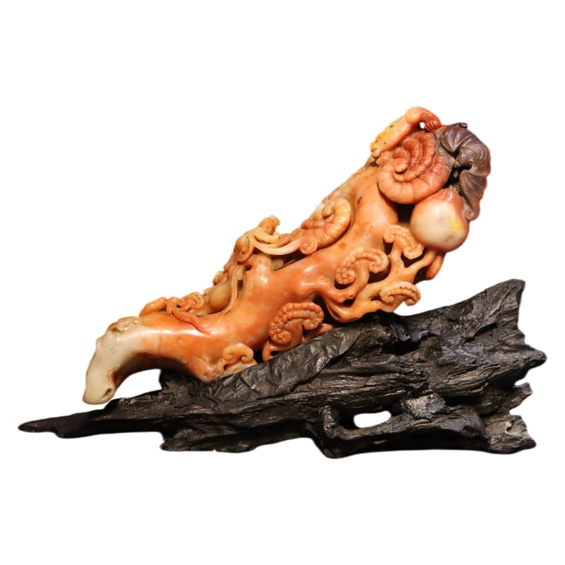 SHOUSHAN HIBISCUS STONE LINGZHI RUYI ORNAMENT, IMPERIAL MADE: Dimensions: 28x6x12cm Net weight: 1526g