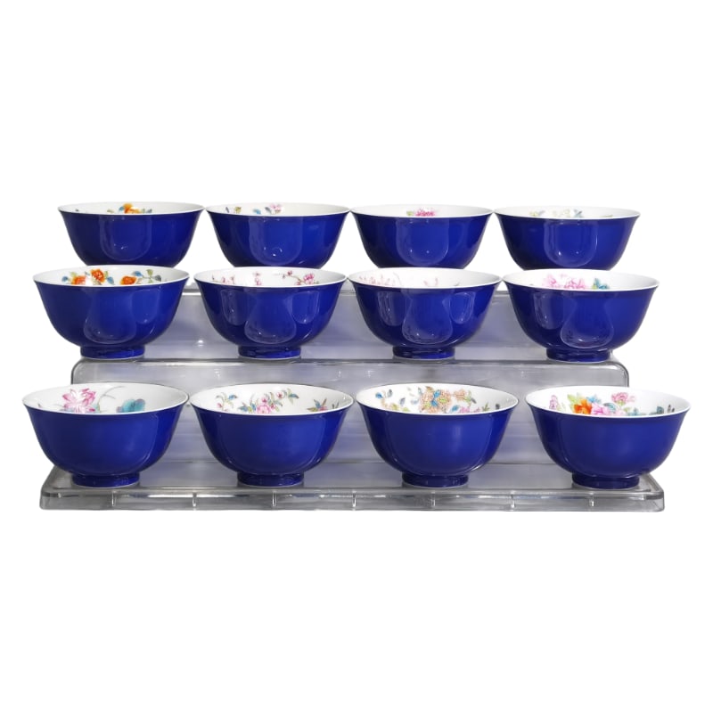 ENAMEL TWELVE FLOWER GODDESSES SAPPHIRE BLUE GLAZED CUP: 8.2 mm in diameter and 4.2 mm in height.