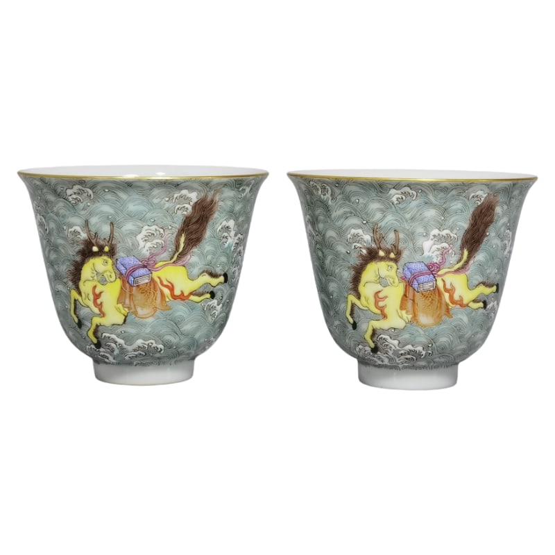 A PAIR OF QING DYNASTY YONGZHENG PERIOD FAMILLE ROSE DRAGON AND HORSE CUPS: Dimensions: Diameter 6.2 mm, Height 5.2 mm