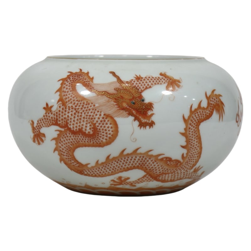 RED DOUBLE DRAGON PLAYING WITH A PEARL PATTERN WATER BASIN (1 of 9)