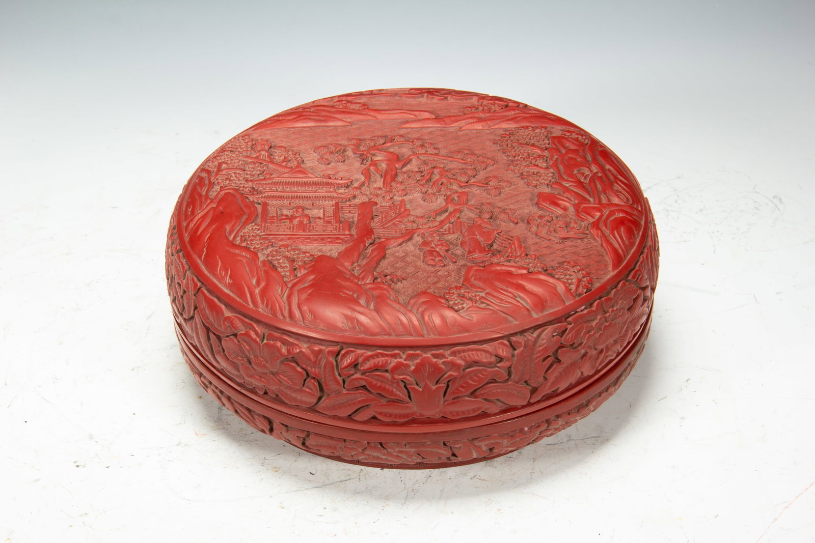 CARVED RED LACQUER BOX WITH FIGURE STORY: Length 24cm Width 24cm
