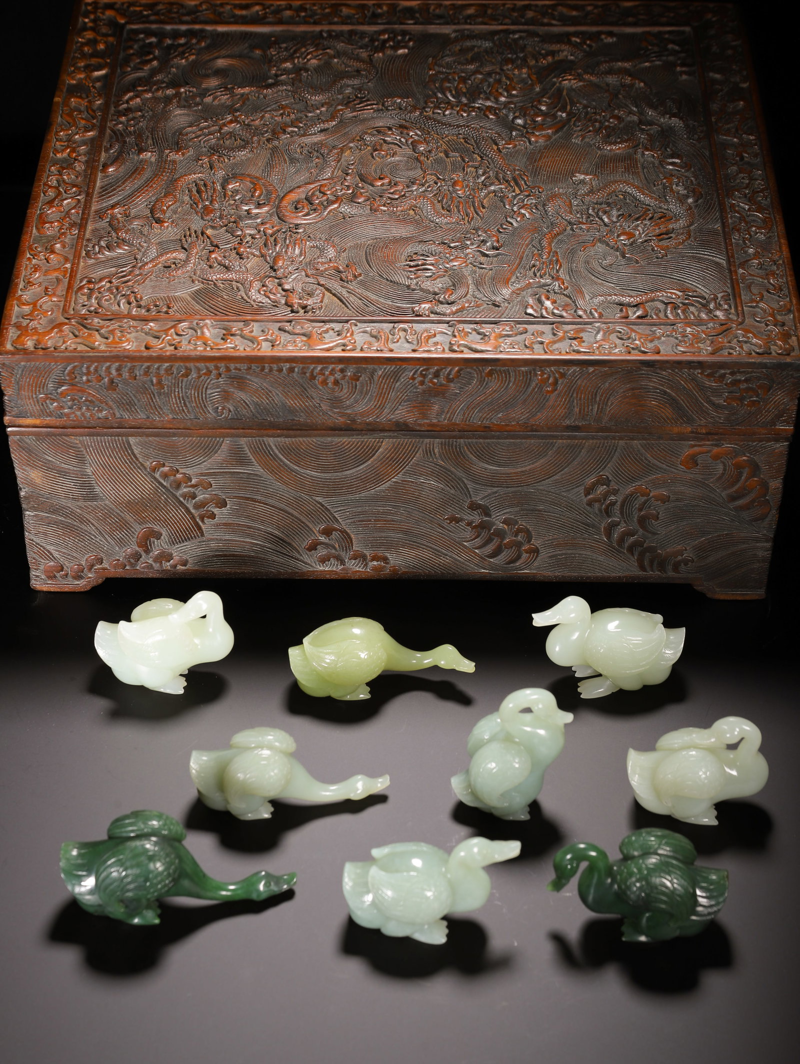 A SET OF HETIAN JADE GEESE: Length 9, Width 3.5