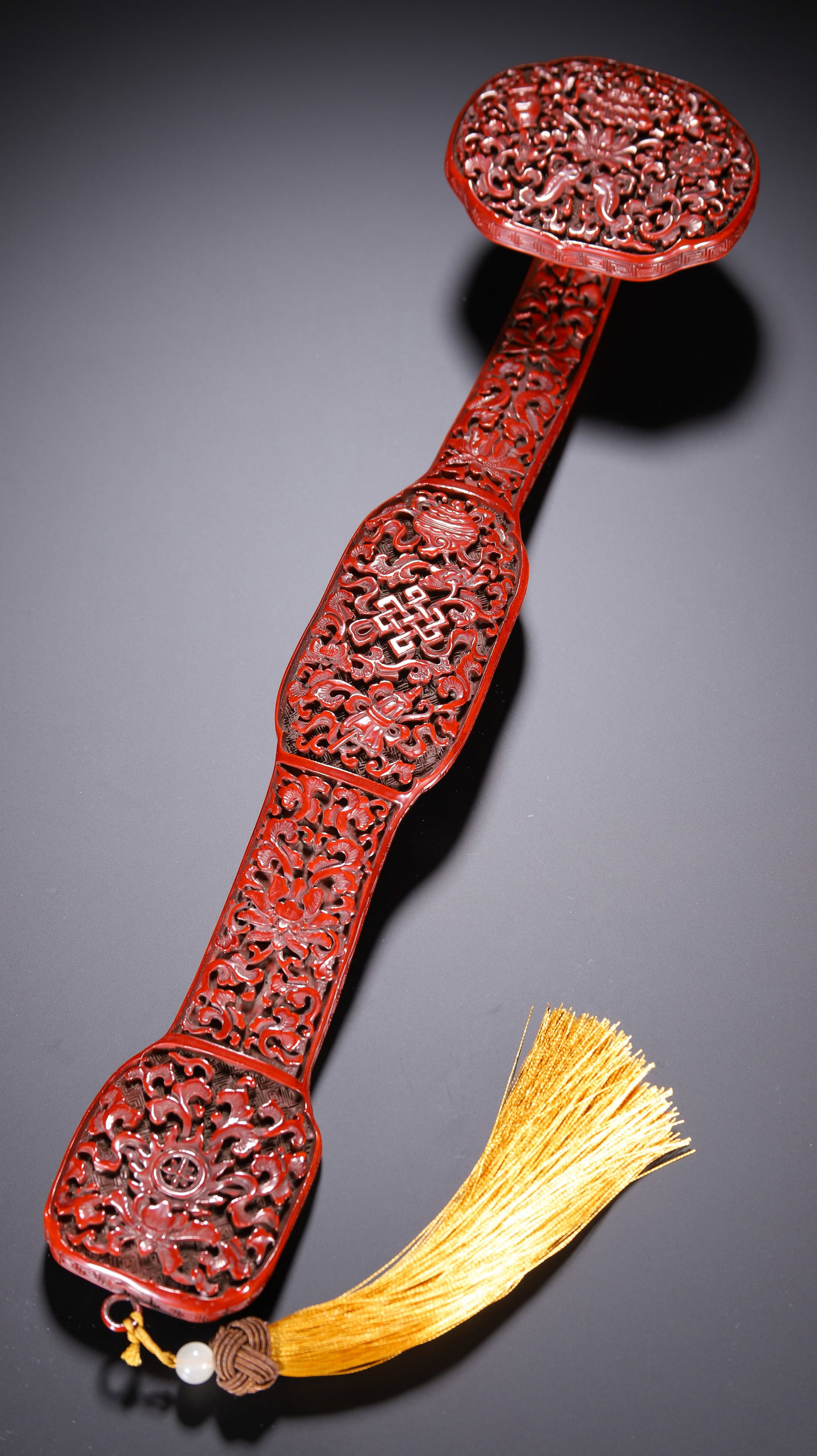 CARVED RED LACQUER FLORAL PATTERN RUYI: 39cm long