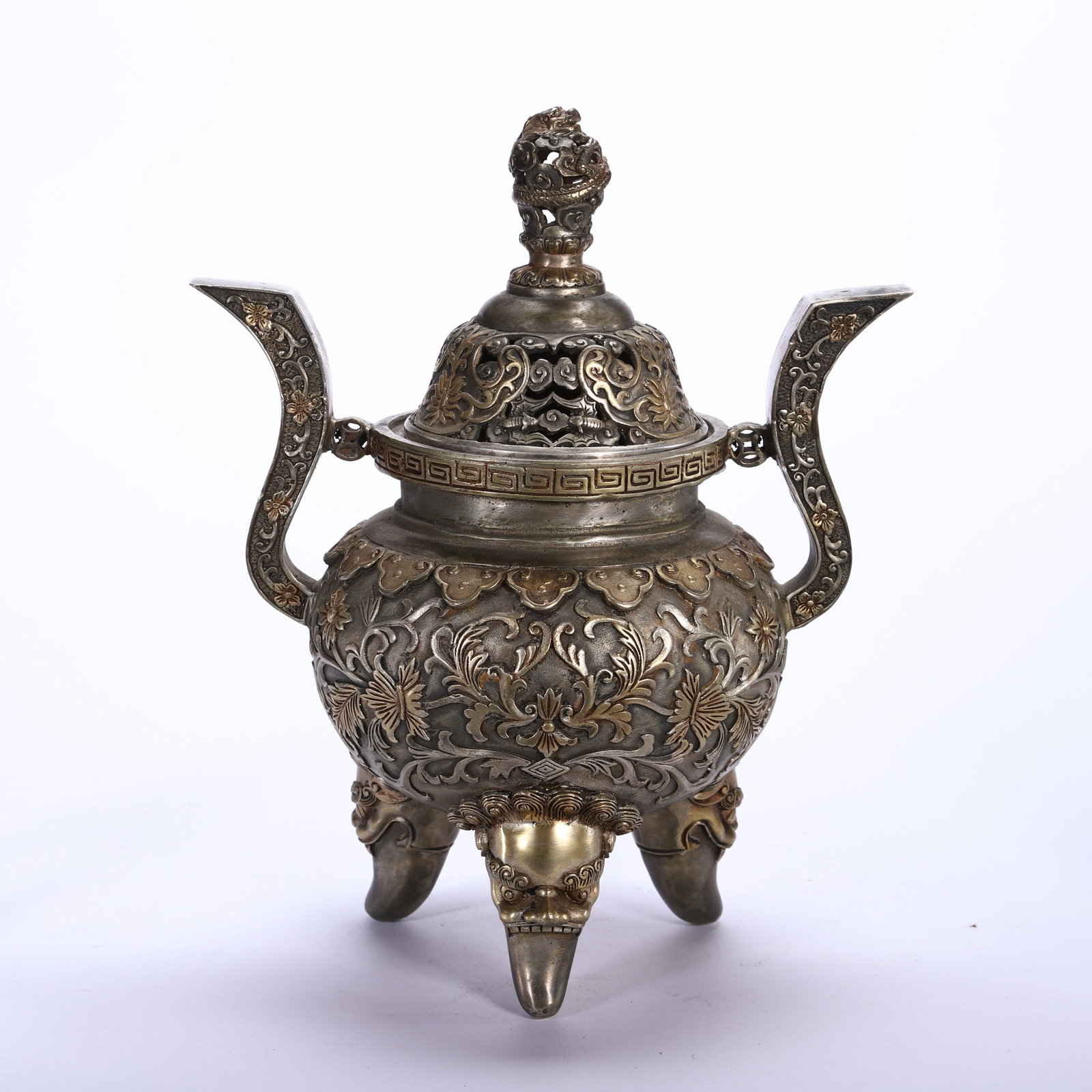 GILDED BRONZE TRIPOD INCENSE BURNER: Length 18.5 cm, Height 24 cm