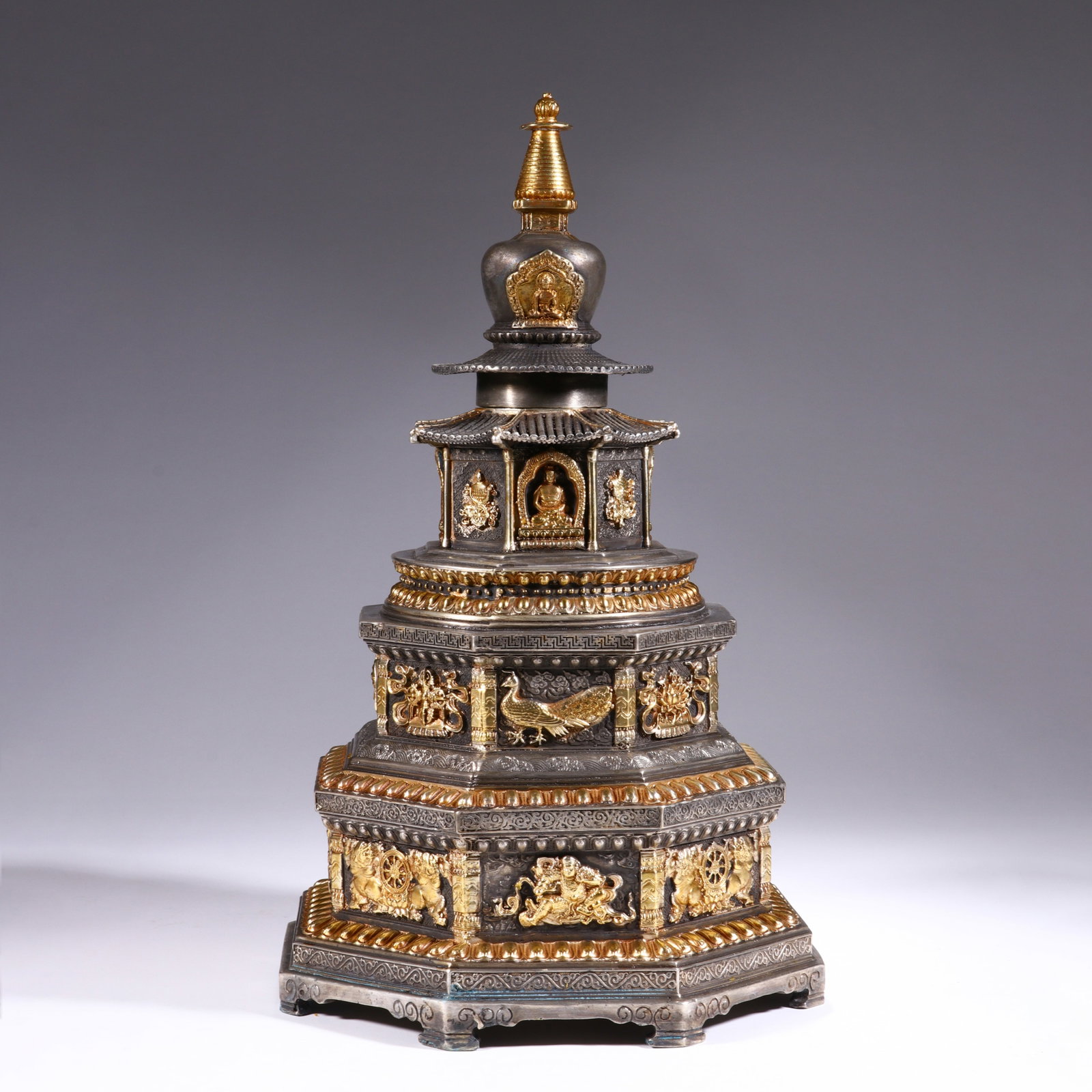 GILDED BRONZE PAGODA: Length 22cm, Width 22cm, Height 37.5cm