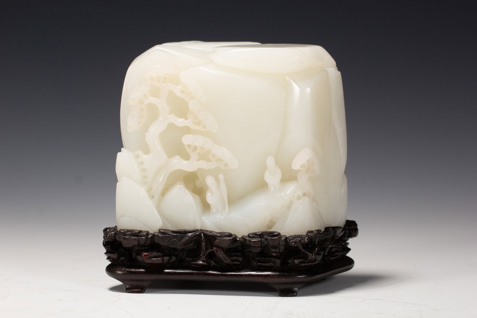 HETIAN WHITE JADE FIGURE STORY MOUNTAIN: Length 11.5 cm, Width 5 cm, Height 11 cm