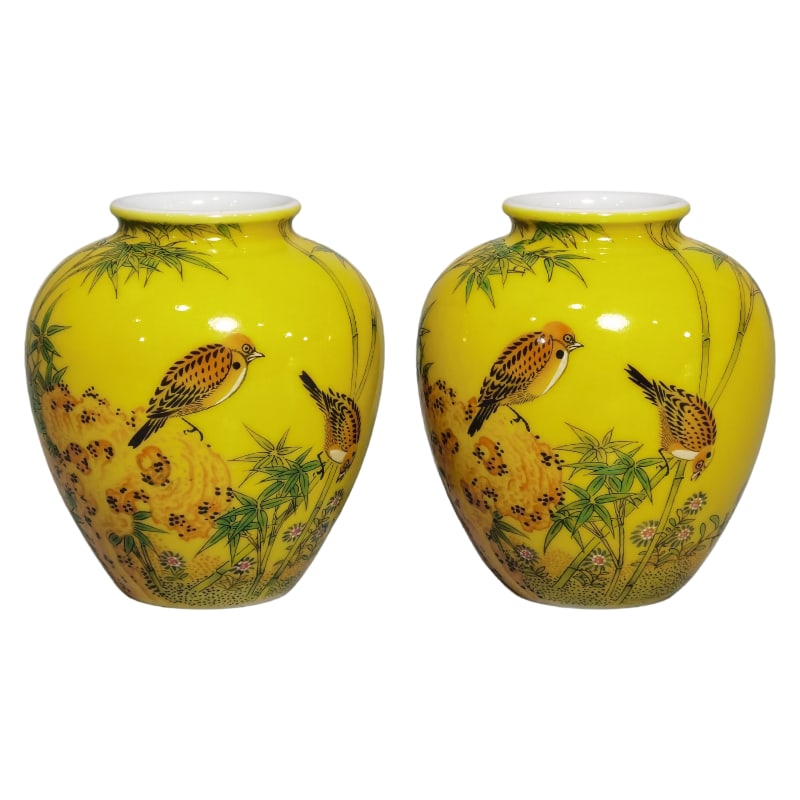 A SMALL ENAMEL-PAINTED BEIGE-GLAZED BAMBOO AND SPARROW DESIGN JAR FROM THE YONGZHENG PERIOD OF THE (1 of 9)