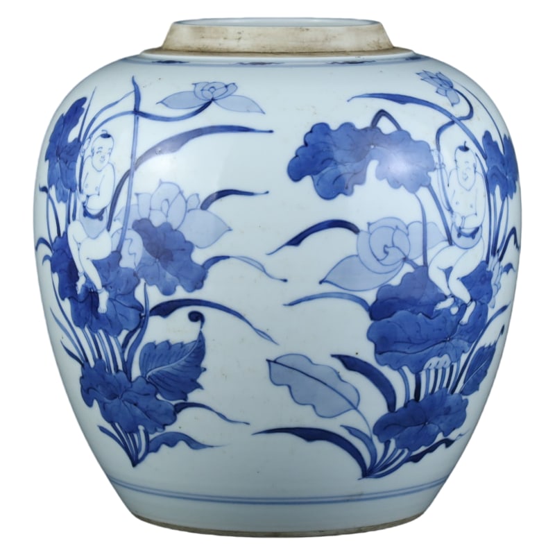 QING DYNASTY KANGXI PERIOD BLUE AND WHITE PORCELAIN JAR WITH LOTUS PICKING AND LANDSCAPE DESIGN (1 of 9)
