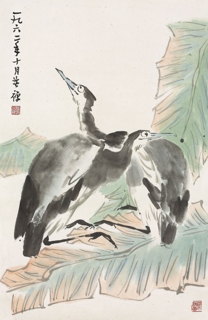 LIKUZHAN:"TWOBIRDSBENEATHBANANALEAVES"李苦禅: Size: 69X45cm