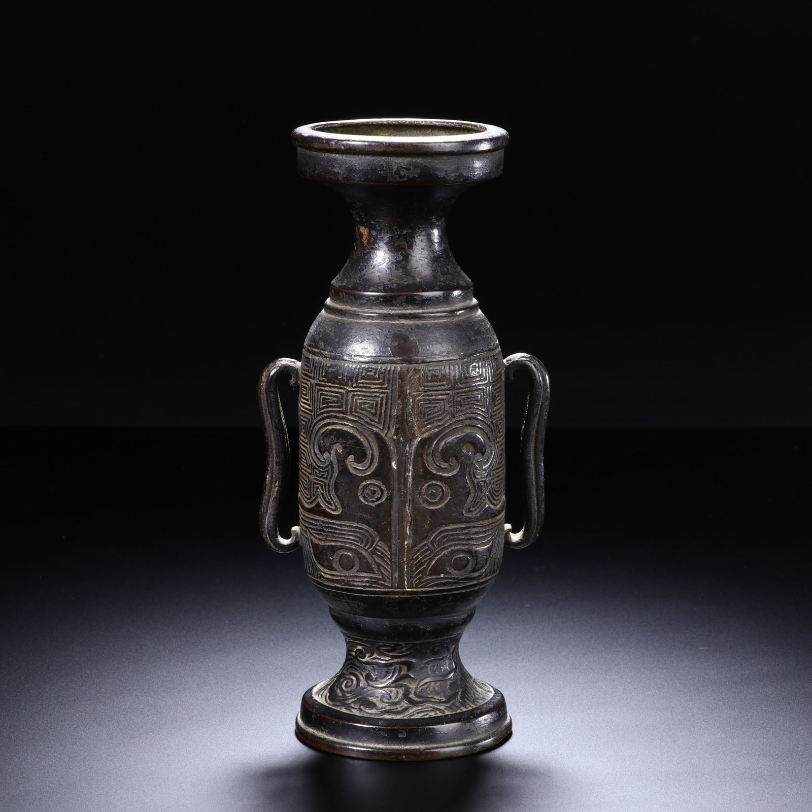 BRONZE TAOTIE PATTERN DOUBLE-EARED VASE: Height 15.5cm Width 8cm