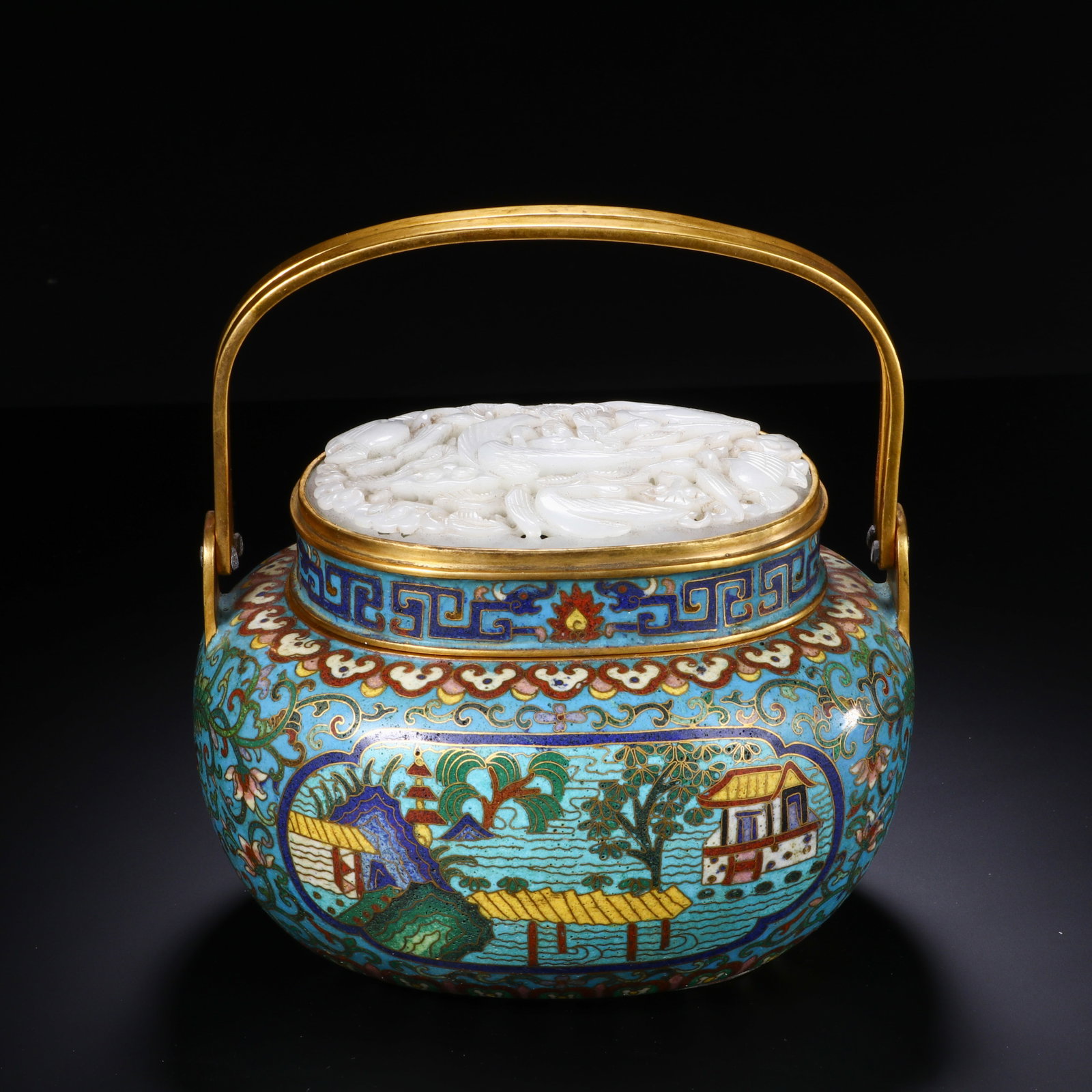 GILDED BRONZE CLOISONNÉ HAND WARMER: 18cm high and 16cm wide