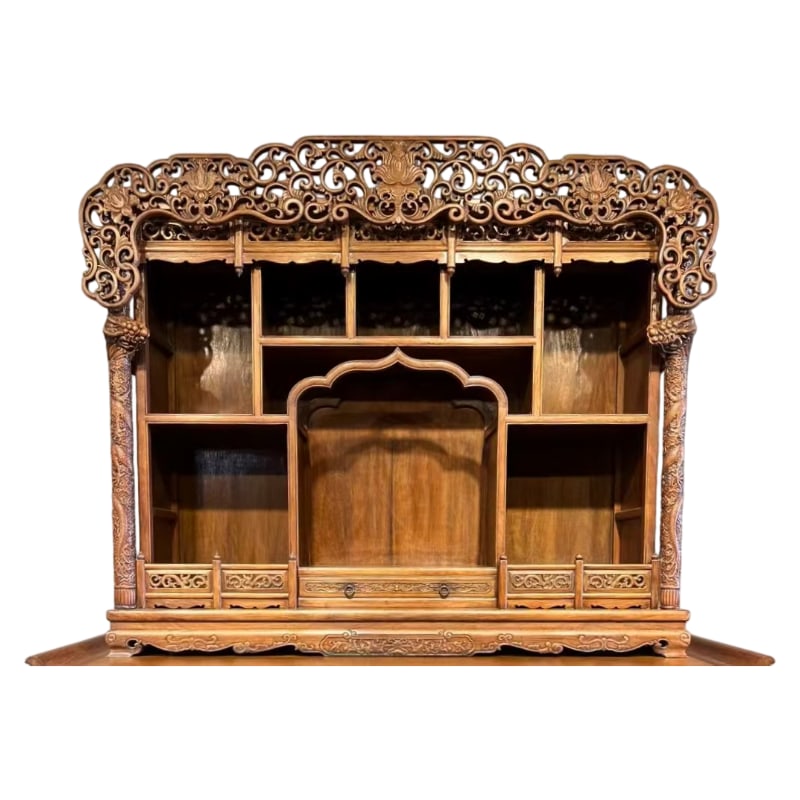 HUANGHUALI BUDDHIST SHRINE AND ANTIQUE DISPLAY SHELF: Length 175 cm, width 46 cm, height 141 cm. The dimensions of the central Buddha altar are 58 cm high, 60 cm wide, and 33 cm high.