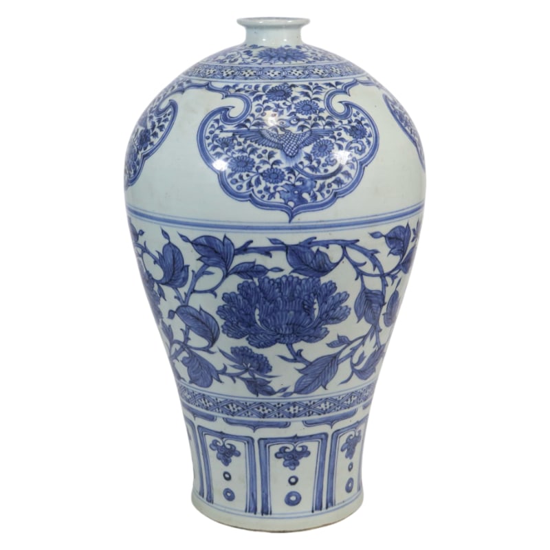 YUAN DYNASTY BLUE AND WHITE PORCELAIN PLUM VASE WITH PEONY SCROLL DESIGN (1 of 8)