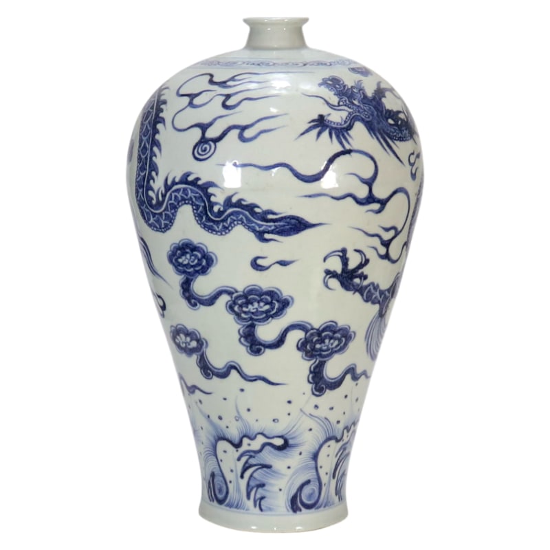 YUAN DYNASTY BLUE AND WHITE PORCELAIN PLUM VASE WITH CLOUD AND DRAGON DESIGN (1 of 8)