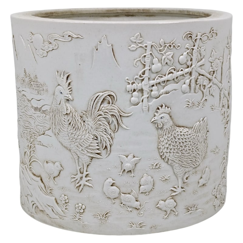 AUSPICIOUS BRUSH HOLDER CARVED FROM PLAIN MATERIAL: Height 13.3 cm