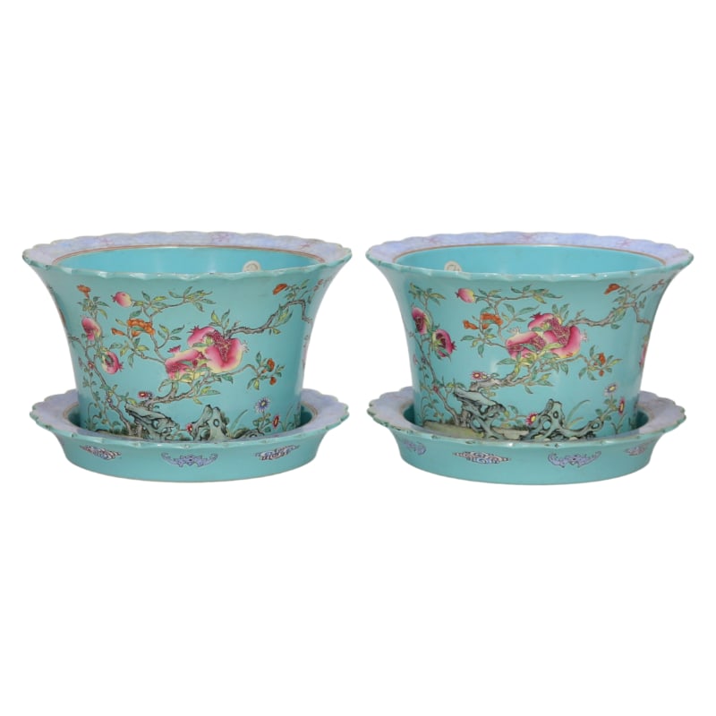 A PAIR OF TURQUOISE GLAZED POMEGRANATE-PATTERNED FLOWERPOTS (1 of 9)