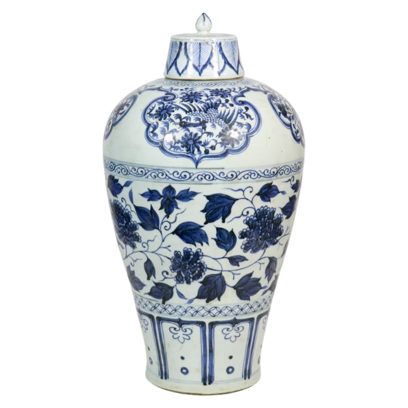YUAN DYNASTY BLUE AND WHITE PORCELAIN PLUM VASE WITH PEONY SCROLL DESIGN: Height 42.5 cm