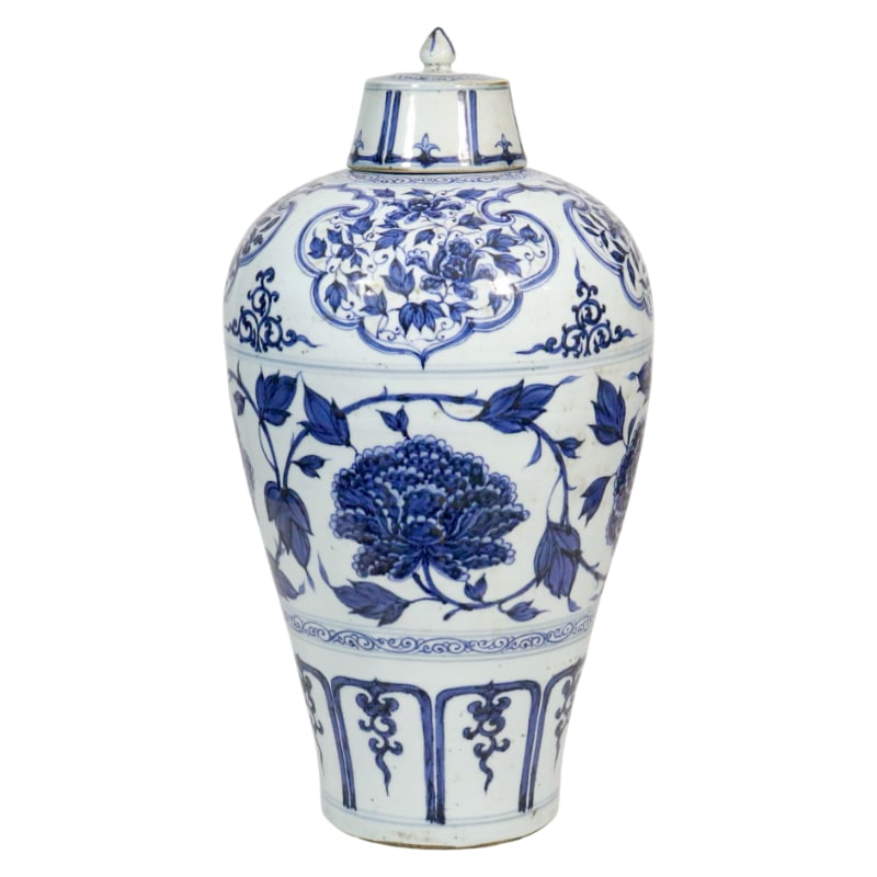 YUAN DYNASTY BLUE AND WHITE PORCELAIN PLUM VASE WITH PEONY SCROLL DESIGN: 42 cm tall