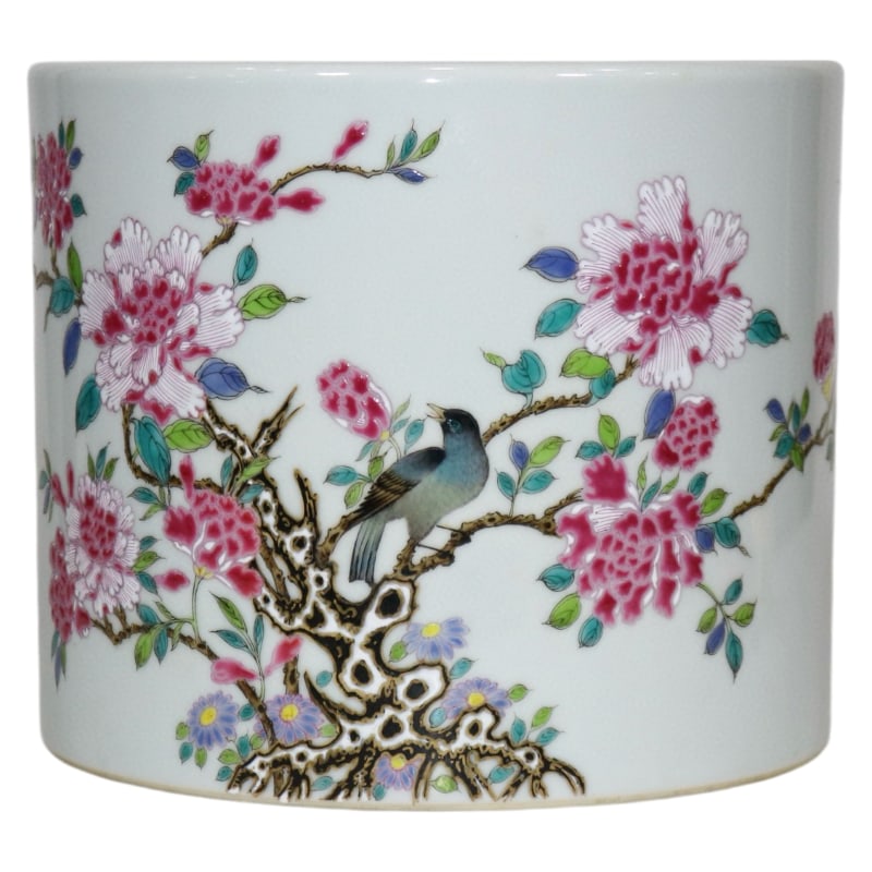 PASTEL FLOWER AND BIRD PEN HOLDER: Height 17.3 cm, diameter 20.8 cm