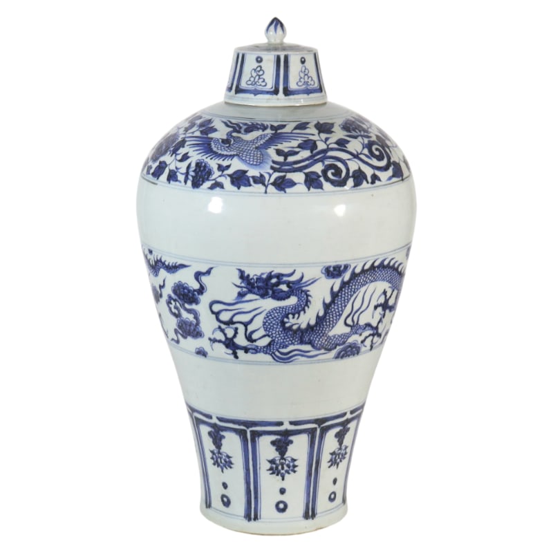 YUAN DYNASTY BLUE AND WHITE PORCELAIN PLUM VASE WITH DRAGON AND PHOENIX DESIGN AND LID (1 of 8)
