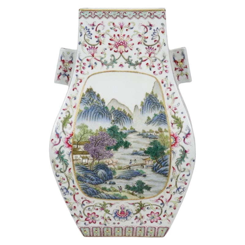 FAMILLE ROSE LANDSCAPE SQUARE VASE WITH TUBULAR HANDLES: 32 cm tall