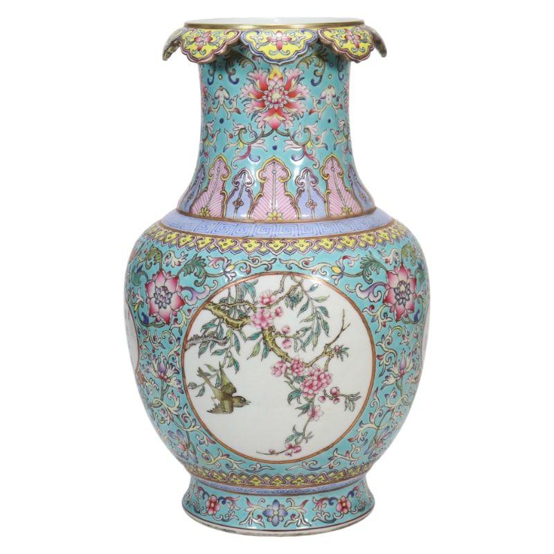 TURQUOISE GREENERY ENTWINED FLOWERS LOTUS MOUTH APPRECIATION VASE: 32 cm tall
