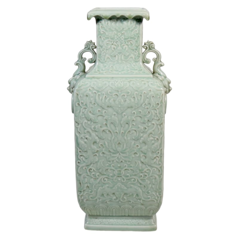 CELADON-GLAZED SQUARE VASE WITH DOUBLE HANDLES: Height 45.5 cm, width 17.5 cm