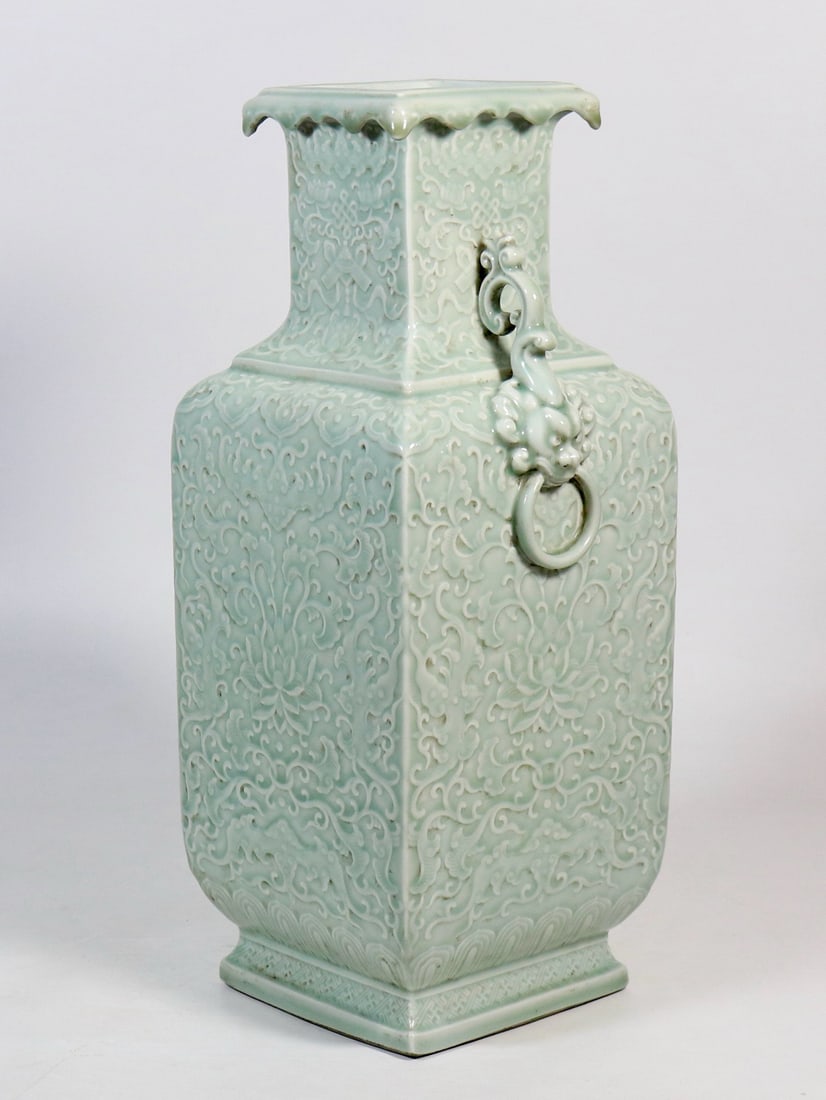 CELADON-GLAZED SQUARE VASE WITH DOUBLE HANDLES - 3