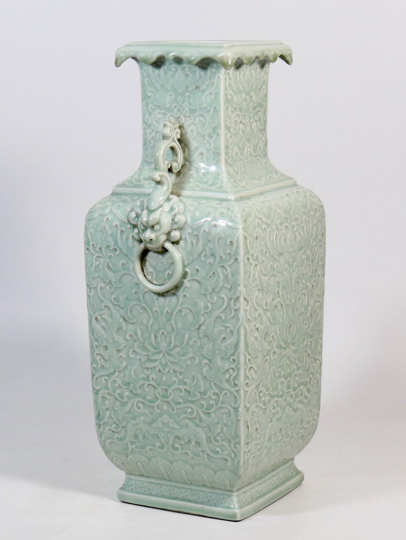 CELADON-GLAZED SQUARE VASE WITH DOUBLE HANDLES - 4