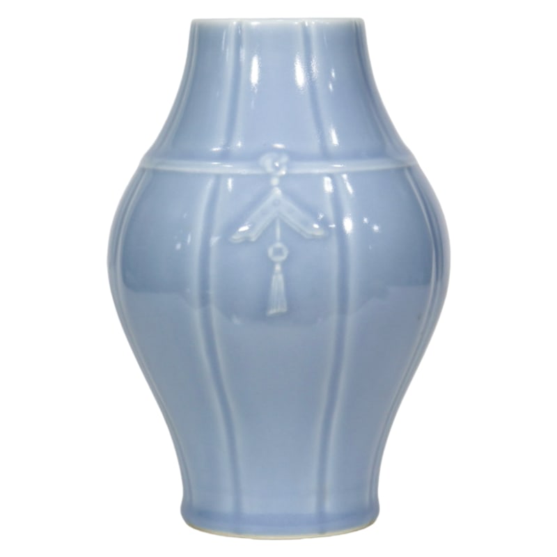 CELADON-GLAZED, CARVED, MELON-SHAPED OLIVE-SHAPED BOTTLE (1 of 6)