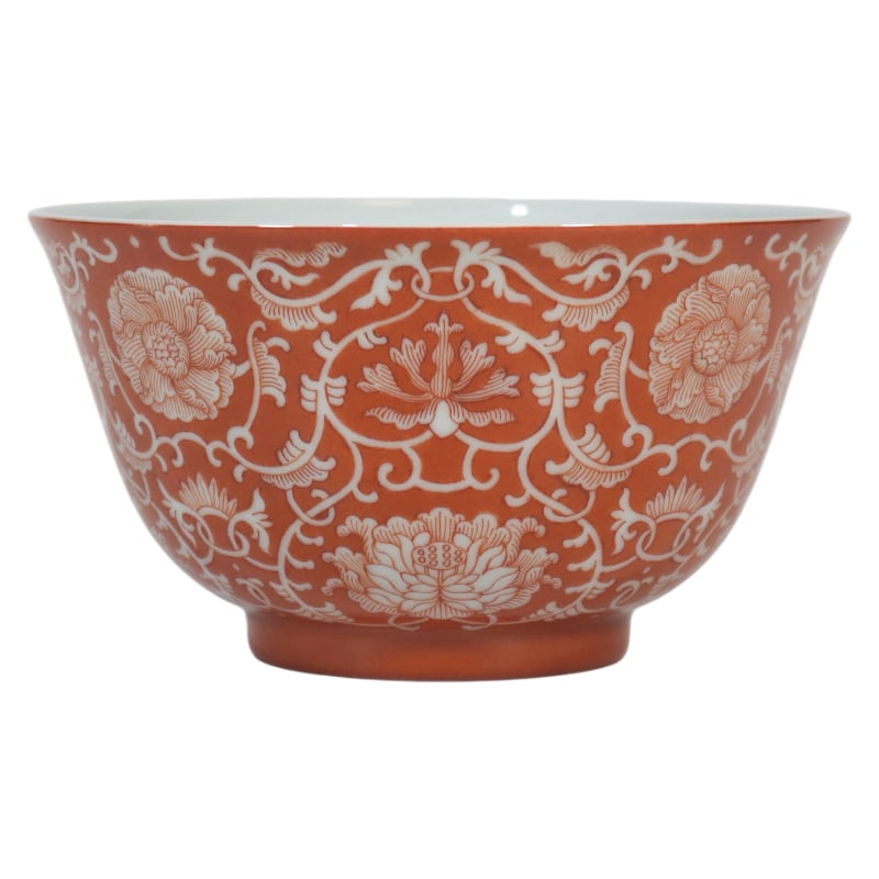 IRON-RED ENAMEL BOWL WITH WHITE SPACE AND INTERTWINED FLORAL PATTERNS (1 of 9)