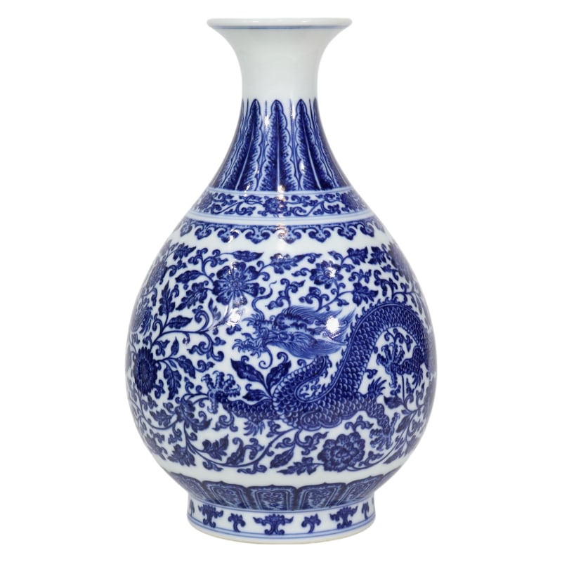 BLUE AND WHITE PORCELAIN VASE WITH TWO DRAGONS AMIDST FLOWERS (1 of 9)
