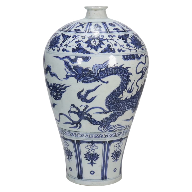 YUAN BLUE AND WHITE PORCELAIN PLUM VASE WITH INTERTWINED FLORAL AND AUSPICIOUS CLOUD AND DRAGON: Height 42.5 cm