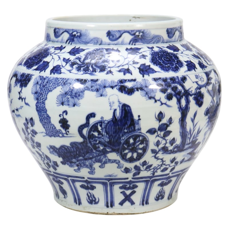 YUAN DYNASTY BLUE AND WHITE PORCELAIN JAR WITH GUIGUZI DESCENDING THE MOUNTAIN DESIGN: Height 29.2 cm
