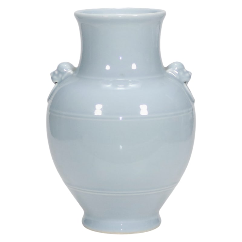 SKY BLUE GLAZED DOUBLE-HEADED BEAST-EARED VASE: 26 cm tall