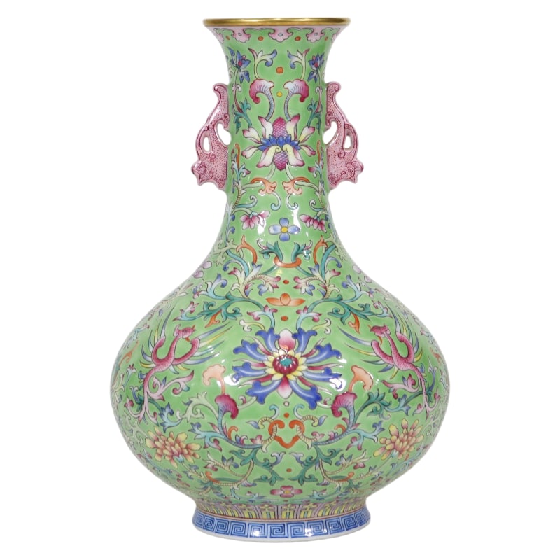 GREEN-BASED PHOENIX AND FLORAL DOUBLE-EARED VASE: 28 cm tall