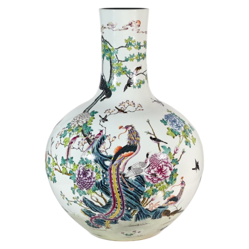 FAMILLE ROSE HUNDRED BIRDS PAYING HOMAGE TO THE PHOENIX CELESTIAL GLOBE VASE: Height 60 cm, diameter 41 cm