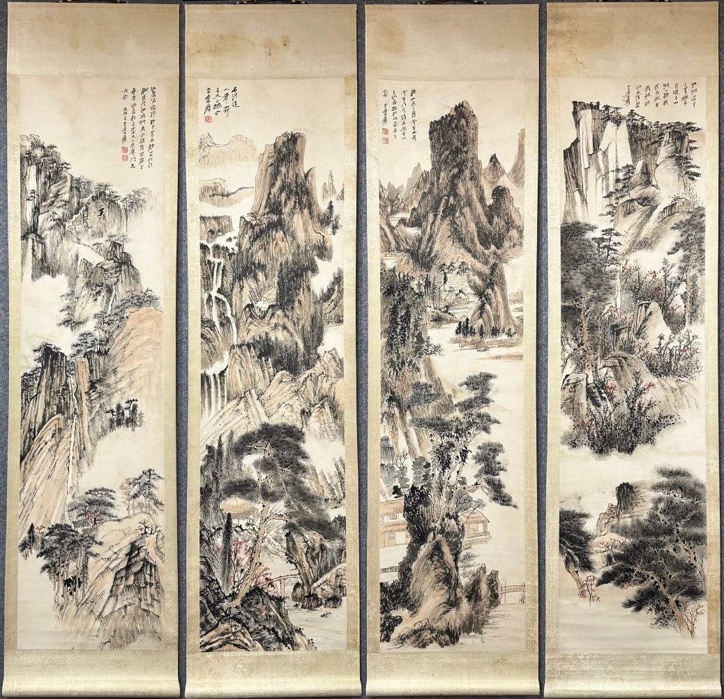 ZHANGDAQIAN:LANDSCAPES—SETOFFOURHANGINGSCROLLS，张大千: Dimensions: 133×34cm×4