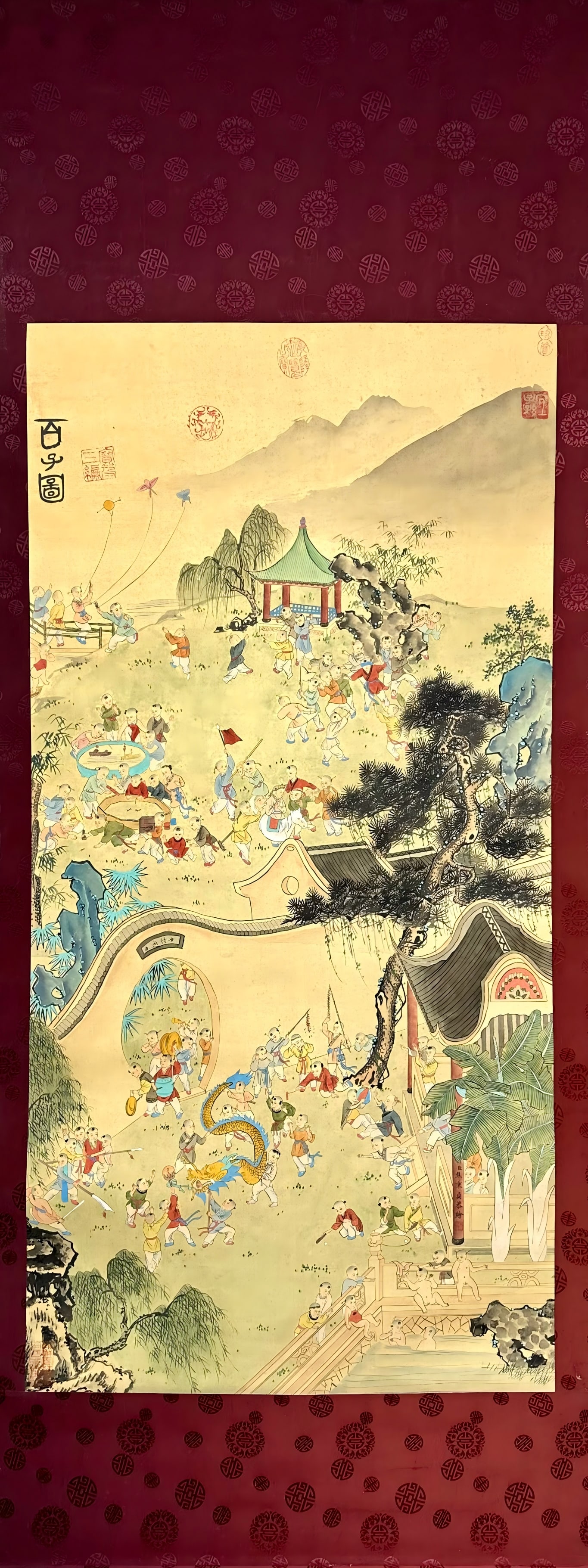 JIAOBINGZHEN:ONEHUNDREDCHILDREN"—[PAINTINGON]SILK，焦秉真: The painting size is 115×57cm.