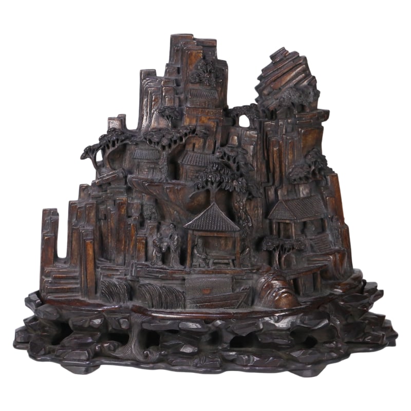 AGARWOOD LANDSCAPE SCULPTURE WITH FIGURES FROM THE QING DYNASTY: Dimensions: 31.5X38X21 cm, Weight: 2670 grams