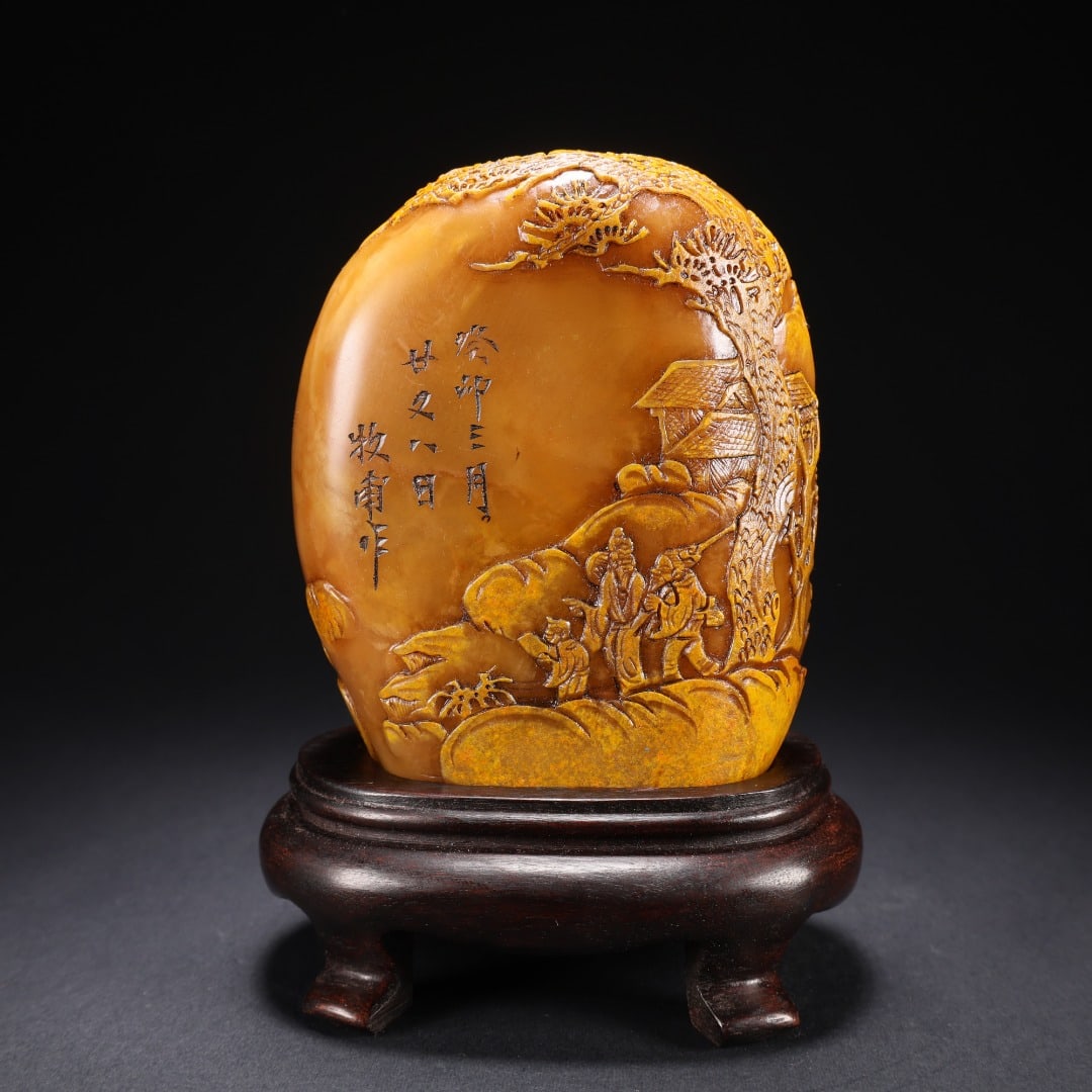 TIANHUANG STONE LANDSCAPE AND FIGURE SEALS: It measures 8.9 cm in length, 4.5 cm in width, and 10.6 cm in height, weighing 672 grams. With the support, it is 13.2 cm high.