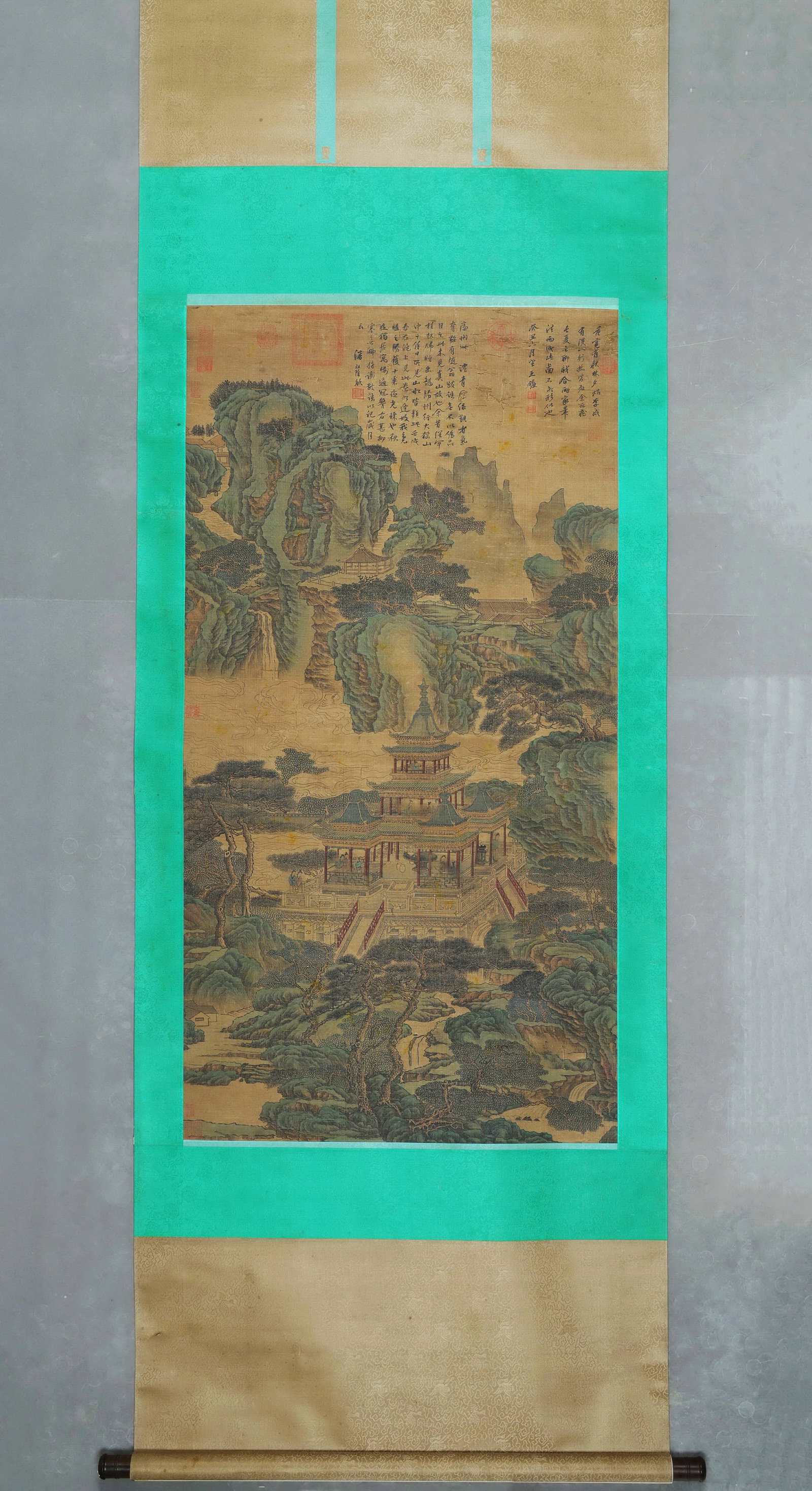 TANG YIN, OLD SILK LANDSCAPE PAINTING 唐寅: 90x47CM