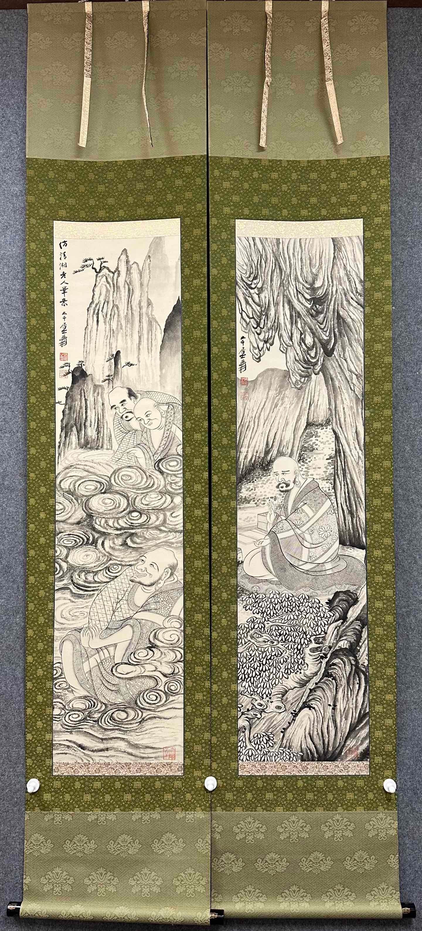 ZHANG DAQIAN, ARHAT, TWO SCREENS，张大千: 28×113CM×2