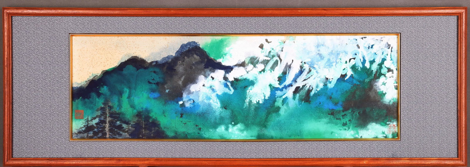 ZHANG DAQIAN SPLASH-COLOR PINE FOREST AND GREEN PEAKS PAINTING,张大千: The painting itself is 29x89 cm, and the frame is 43x125 cm.