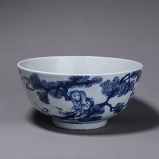 A BIG BLUE & WHITE PORCELAIN BOWL.: A BIG BLUE & WHITE PORCELAIN BOWL.