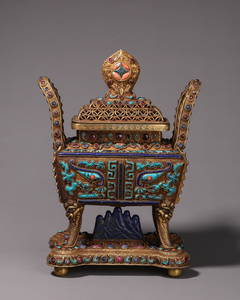 A GILT-BRONZE WITH TURQUOISE-INLAID RITUAL FOOD VESSEL. DING.