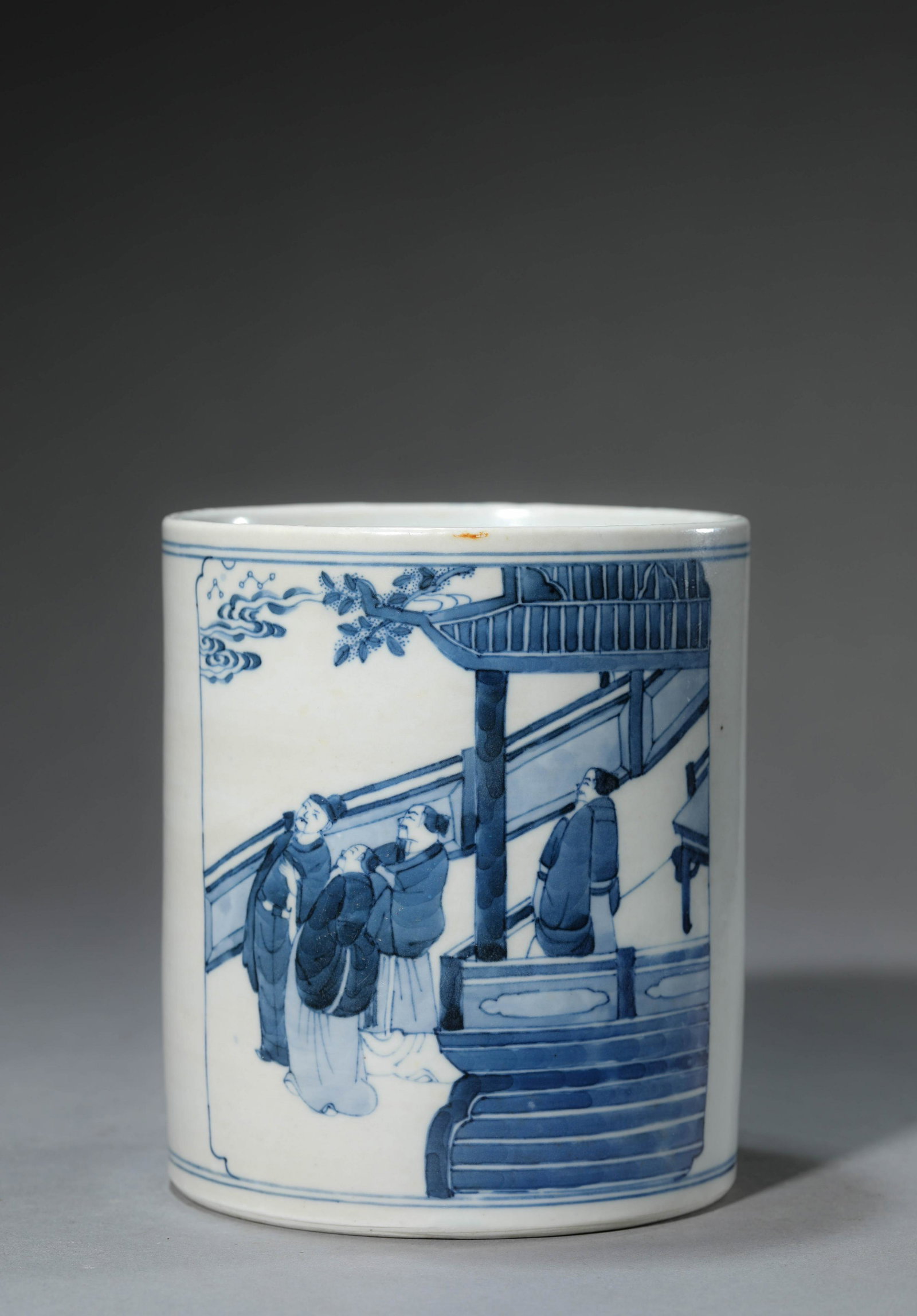 Blue and White Figure Brush Pot: Blue and White Figure Brush Pot ?花?物?事?筒 Diam.11.8cm, Height:13.8cm, Detailed condition reports are not included in this catalog. For additional information, including cond