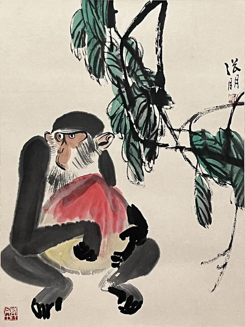 Chinese Monkey and Peach Painting Silk Scroll, Zhang Peng Mark: Chinese Monkey and Peach Painting Silk Scroll, Zhang Peng Mark Length:68cm, Width:51cm, Good Conditions. Detailed condition reports are not included in this catalog. For additional information, includ