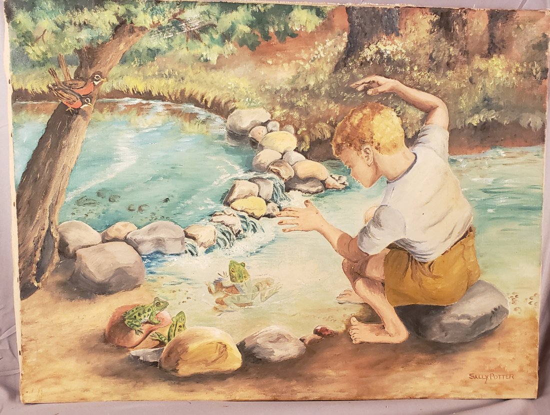Oil on canvas signed Sally Potter 24 x 18 boy and frogs: Oil on canvas signed Sally Potter 24 x 18 Boy and frogs