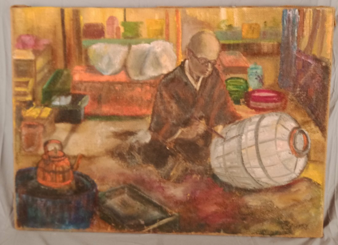 Oil on canvas / burlap of Oriental figure painting jug: Oil on canvas / burlap of Oriental figure painting jug? SCHARK? 29" X 21"